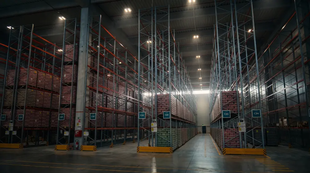 Prolaz između visokih regala u skladištu logističkog centra