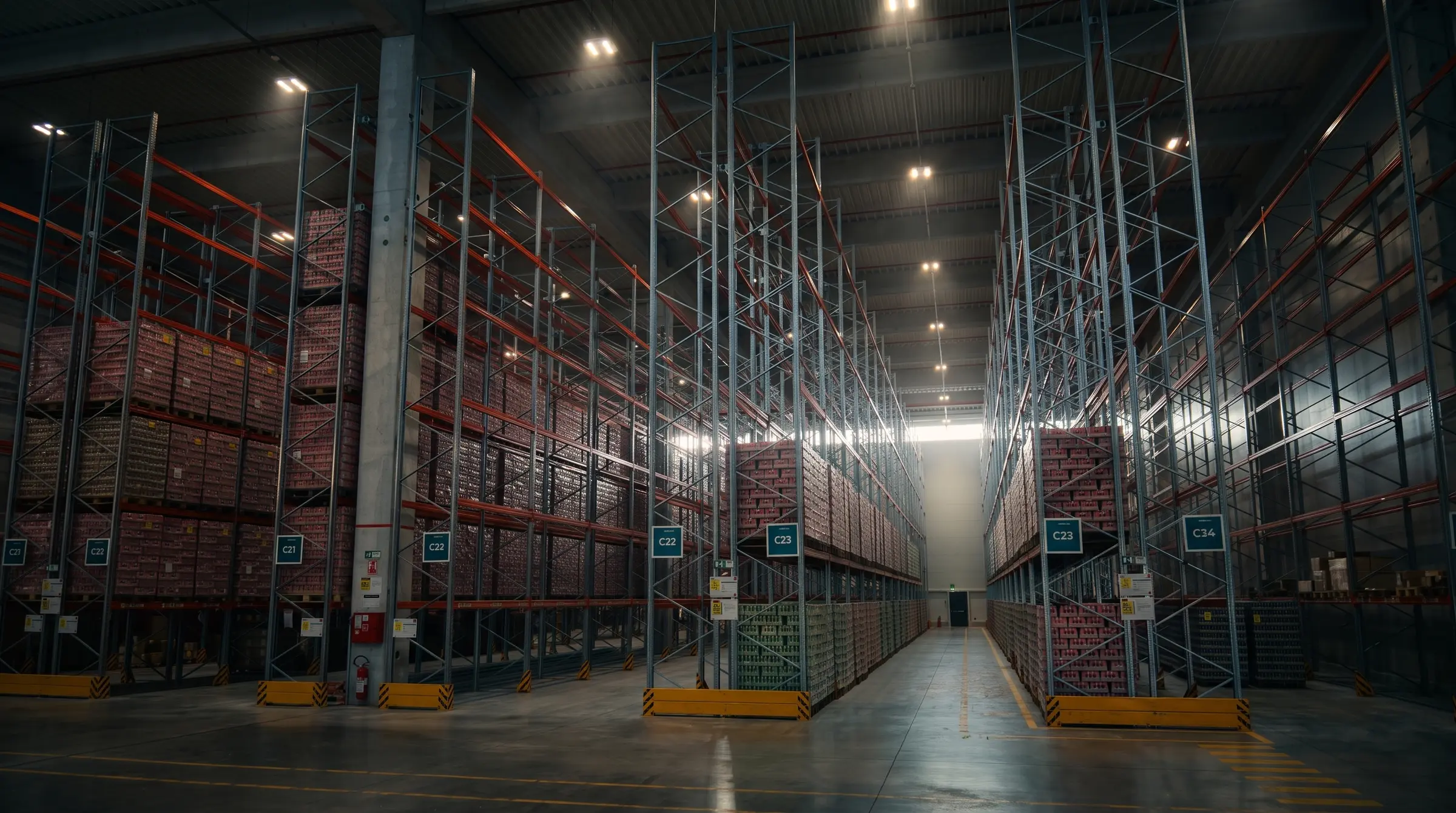 Prolaz između visokih regala u skladištu logističkog centra