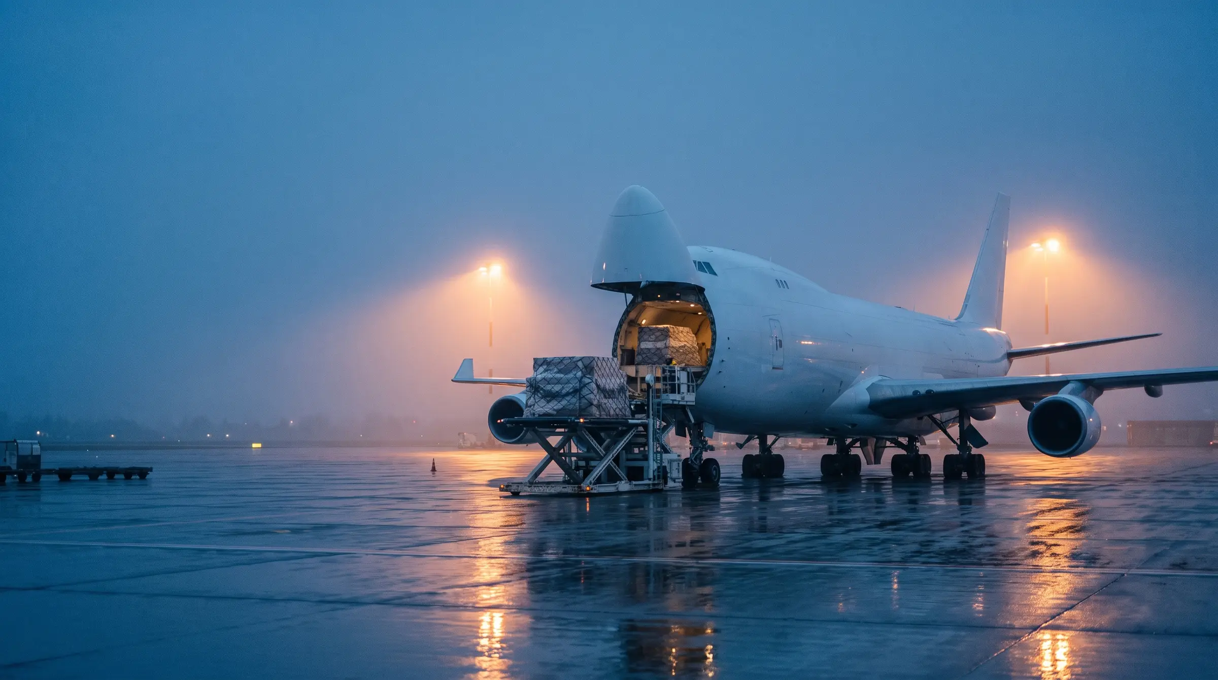 Teretni avion na pisti, utovar palete kroz otvoren nos